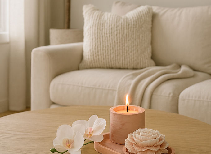 Bougie allumée sur table en bois avec fleur blanche. Canapé beige et coussin derrière. Ambiance cosy et calme, plante verte à gauche.