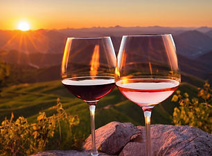 sunset from a mountain top with wine glasses in the foreground.jpg