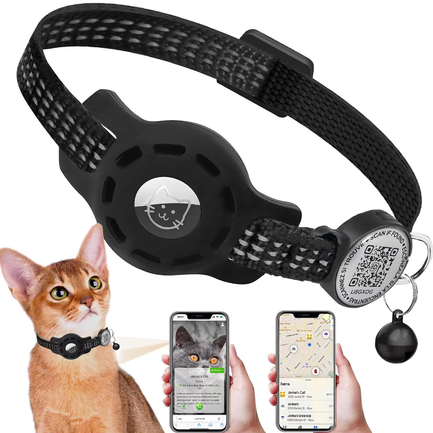 SafePaws™ Reflective AirTag & QR Pet Collar