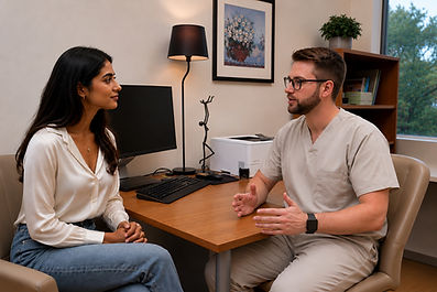 Woman having a private consultation with a wellness specialist in a modern wellness and recovery clinic.