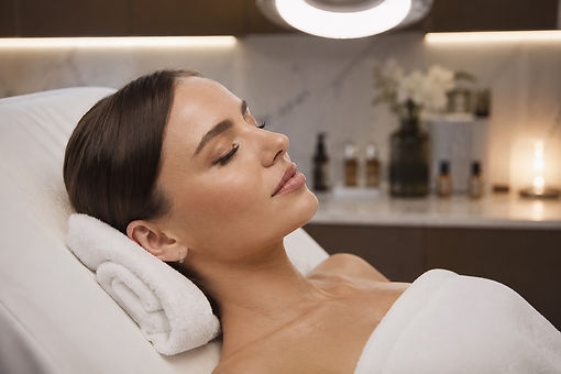 A woman resting comfortably on a treatment bed in a serene, well lit beauty clinic setting.