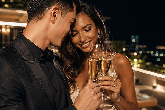 Elegant couple celebrating with champagne at a luxury rooftop evening event.