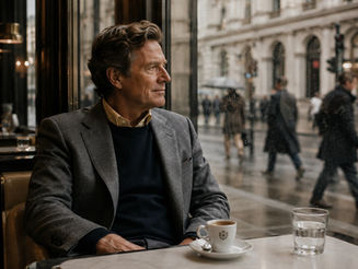 Thoughtful mature man sitting alone in an elegant London café on a rainy morning, reflecting quietly while watching the city move outside the window in a calm atmosphere of modern solitude and contemplation.