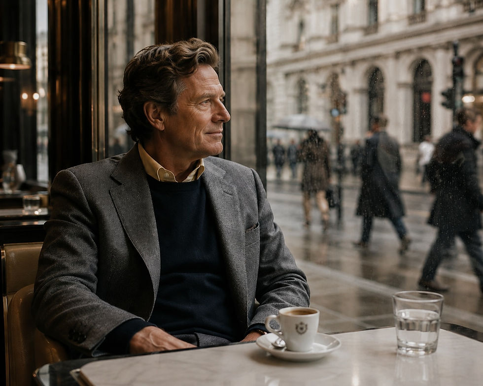 Thoughtful mature man sitting alone in an elegant London café on a rainy morning, reflecting quietly while watching the city move outside the window in a calm atmosphere of modern solitude and contemplation.