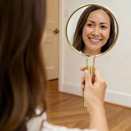 A young female looks at herself in a mirror