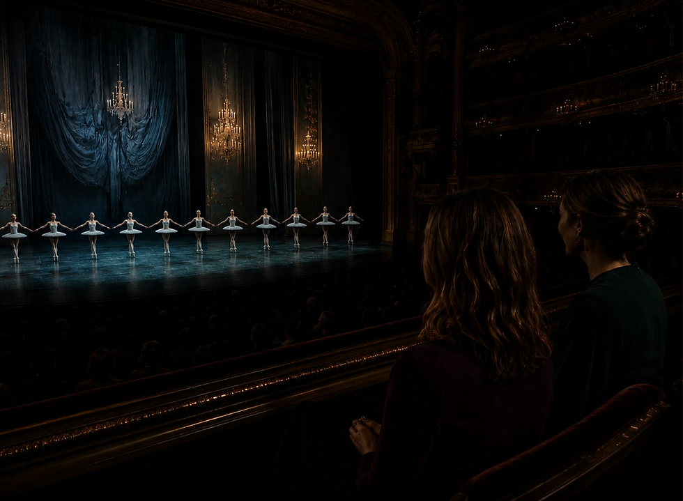 A refined cultural companion Elena watches a ballet performance with her counterpart at an opulent theatre in Berlin