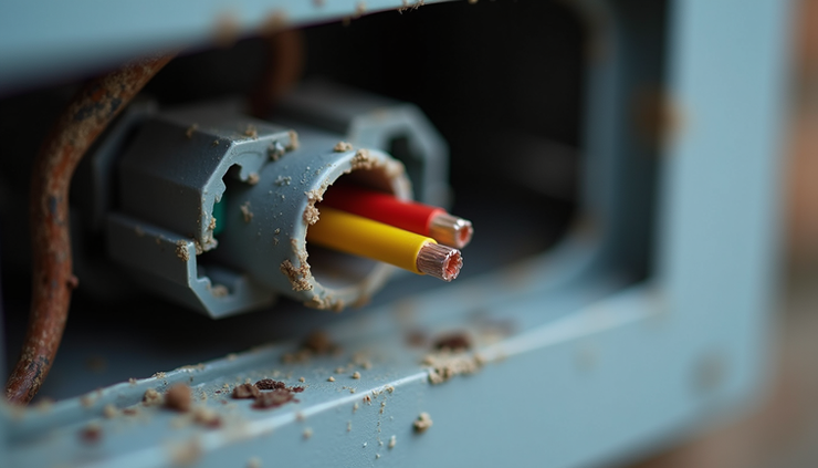 Close-up view of a damaged electrical wire insulation inside a home electrical panel