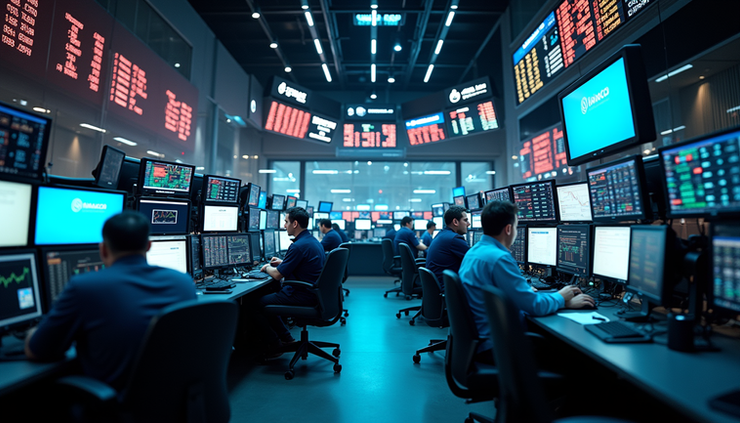 Eye-level view of a busy trading floor with multiple monitors displaying market data