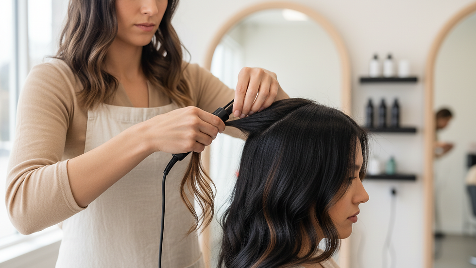 Eye-level view of a stylist applying K-Tip hair extensions in a salon