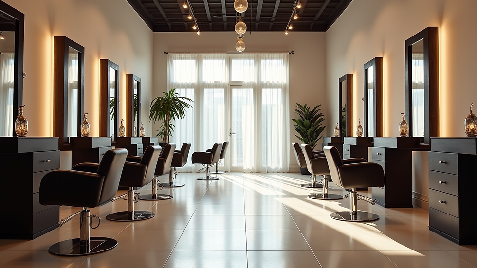 Eye-level view of a luxury hair salon interior with modern styling stations