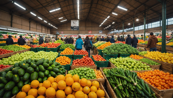 Eye-level view of a well-stocked fruit and vegetable market