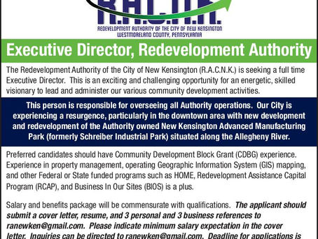 NOW HIRING: Executive Director for the Redevelopment Authority of the City of New Kensington