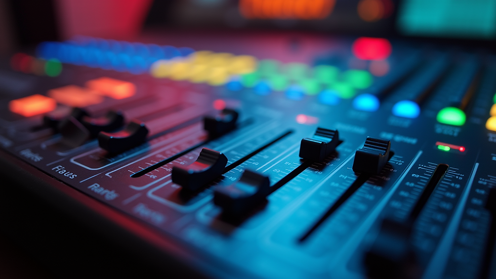 Close-up view of a mixing console with colorful sound levels