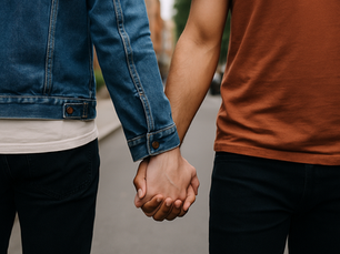 Image symbolising LGBTQ+ public intimacy and discomfort, showing closeness alongside tension to reflect safety concerns and emotional complexity.
