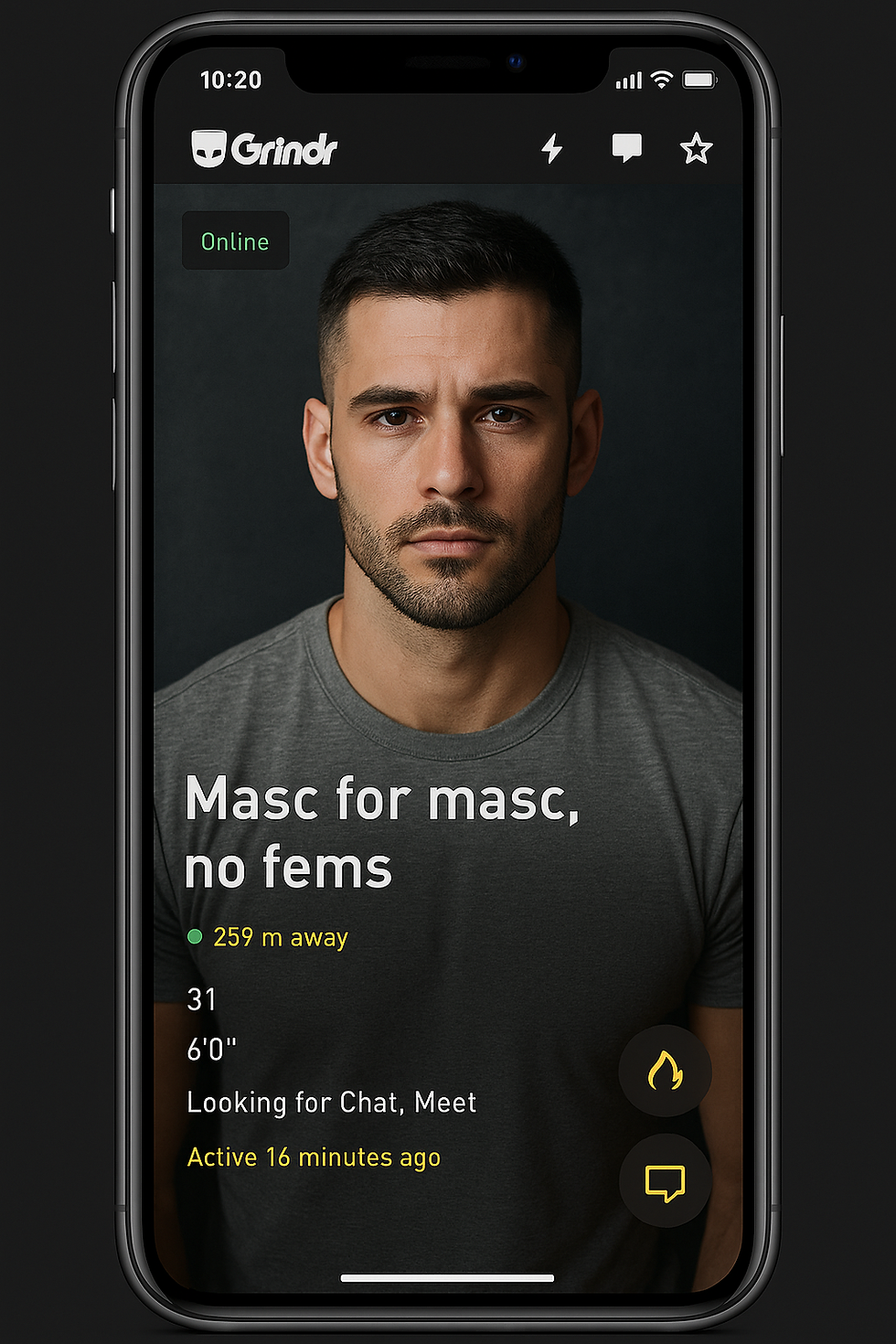 Grindr profile on phone screen showing a man in a gray shirt. Text reads "Masc for masc, no fems." Blog on toxic masculinity with in gay and bi men.