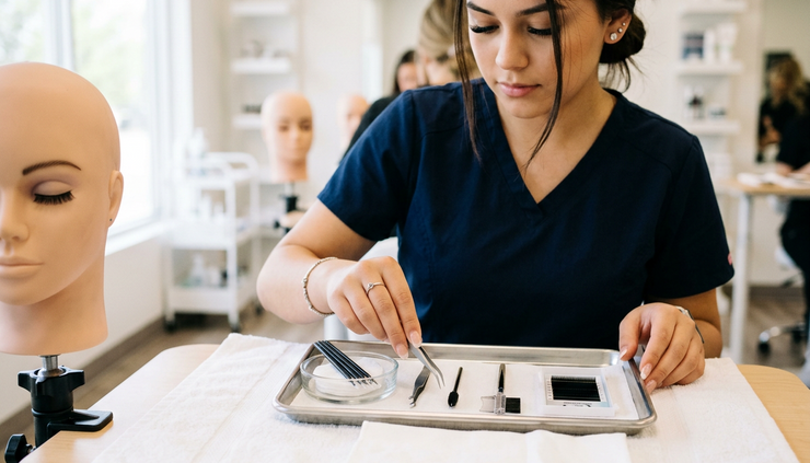 Close-up view of a cosmetology student preparing brow and lash tools in a training room