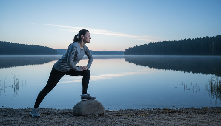 Eye-level view of a runner stretching beside a quiet lake before dawn