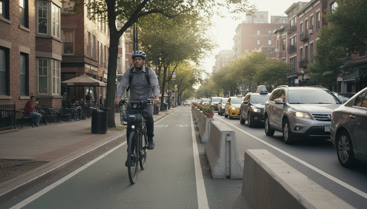 Wide-angle view of a commuter riding an e-bike on a protected bike lane beside slow car traffic.