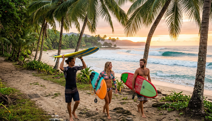Wide-angle view of surfers walking toward a tropical beach at sunrise.
