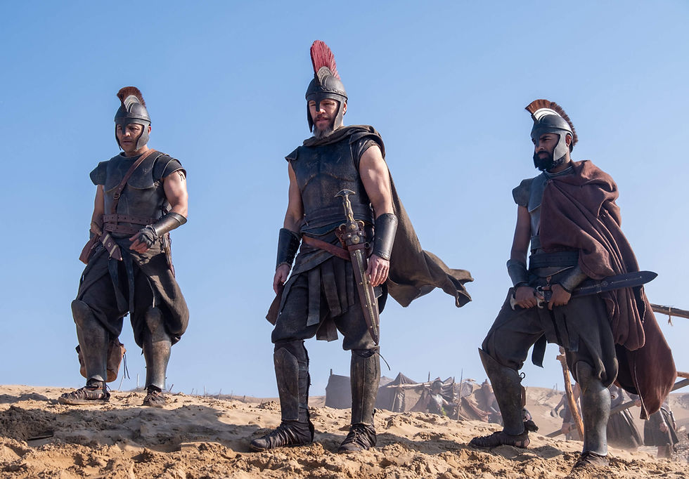 Jimmy Gonzales as Cepheus, Matt Damon as Odysseus and Himesh Patel as Eurylochus in "The Odyssey."