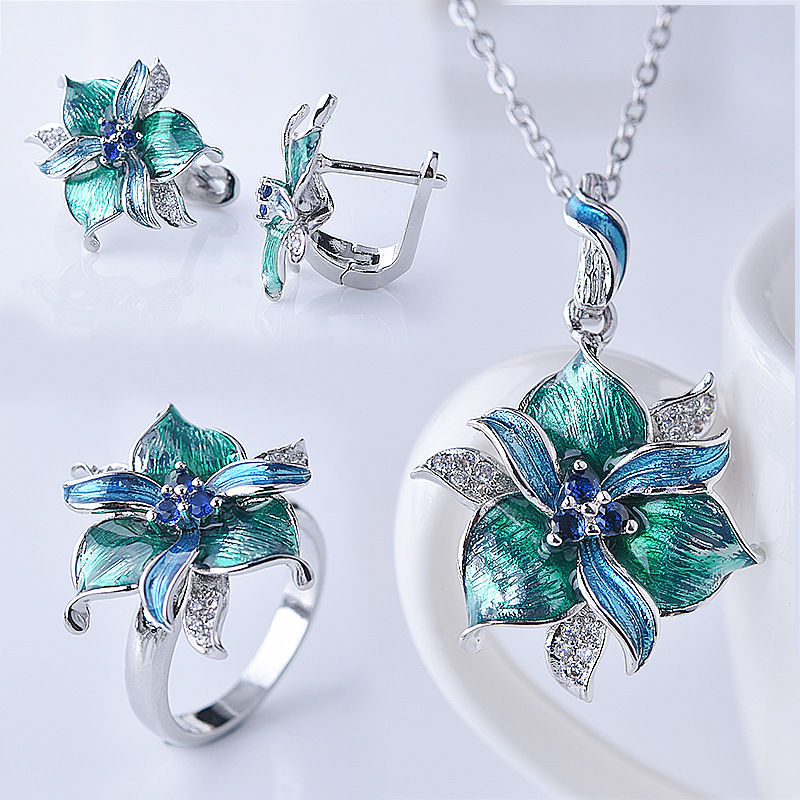 Thumbnail: Enamel Floral Ring and Necklace with Purple Earring Set