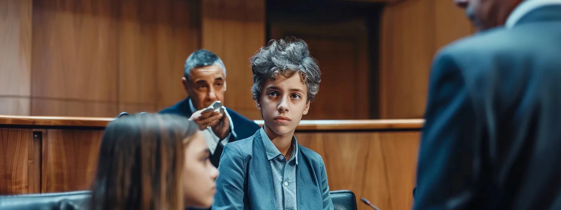 a focused courtroom scene captures a determined lawyer presenting a detailed child custody agreement to a attentive judge, emphasizing the complex legal dynamics of parental rights and child welfare.