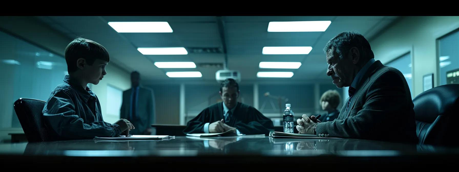 a tense courtroom scene bathed in dramatic artificial lighting, featuring a poised attorney earnestly presenting a child custody case before a vigilant judge, emphasizing the gravity and complexity of family law decisions in virginia beach.