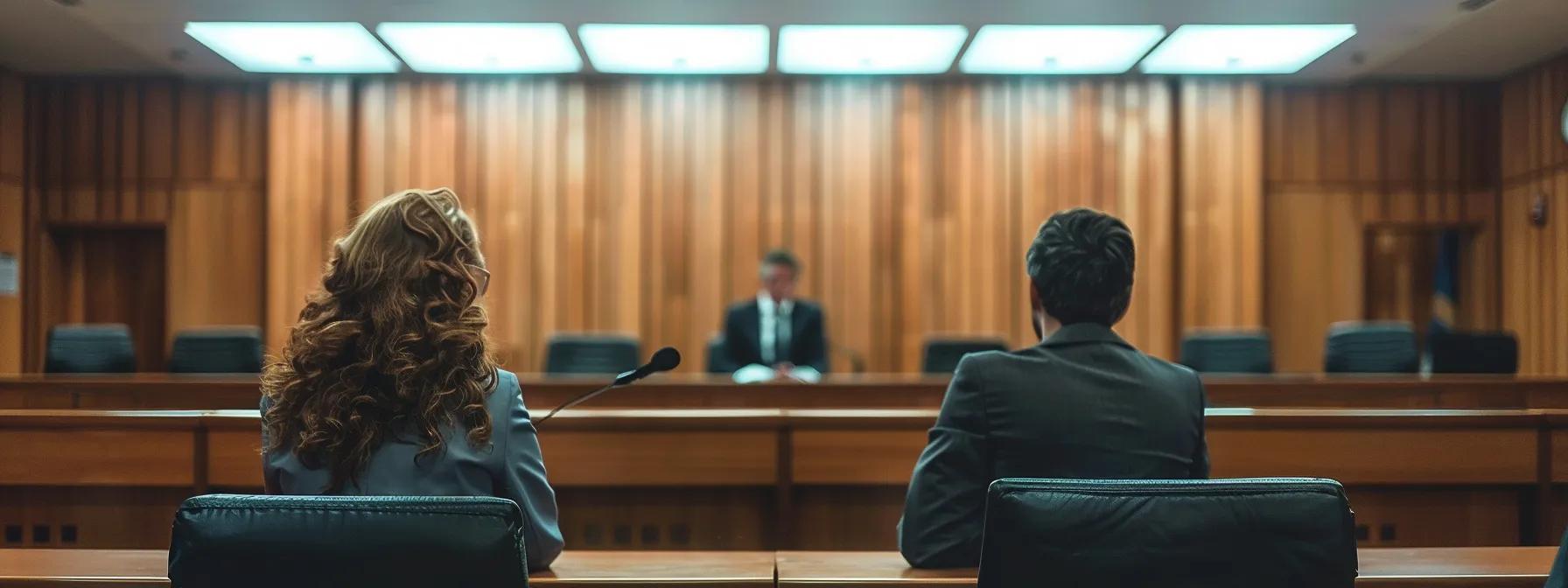 a focused courtroom scene captures a lawyer passionately presenting tax implications of retirement division during a divorce, with a judge attentively listening, illuminated by the stark fluorescent lighting overhead.