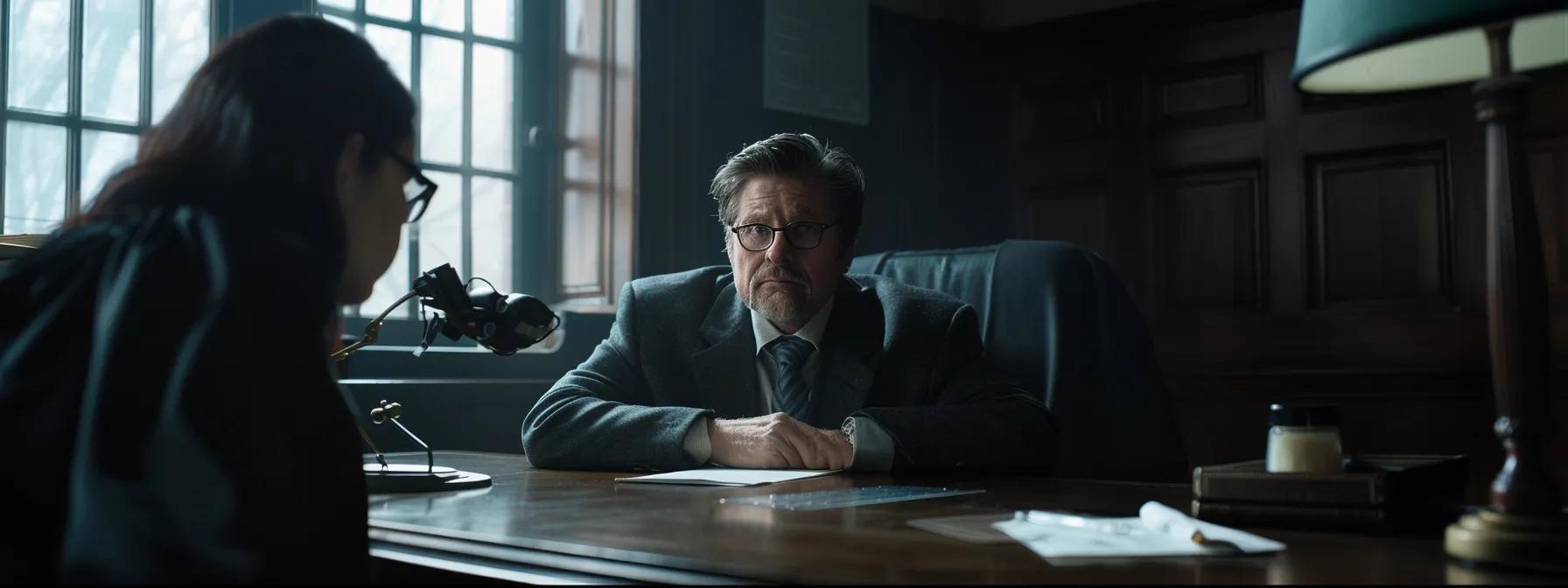 a solemn courtroom setting captures a poised lawyer presenting a case before a thoughtful judge, embodying the critical legal process of adoption as it intertwines with the journey of new parents preparing to welcome a child into their family.