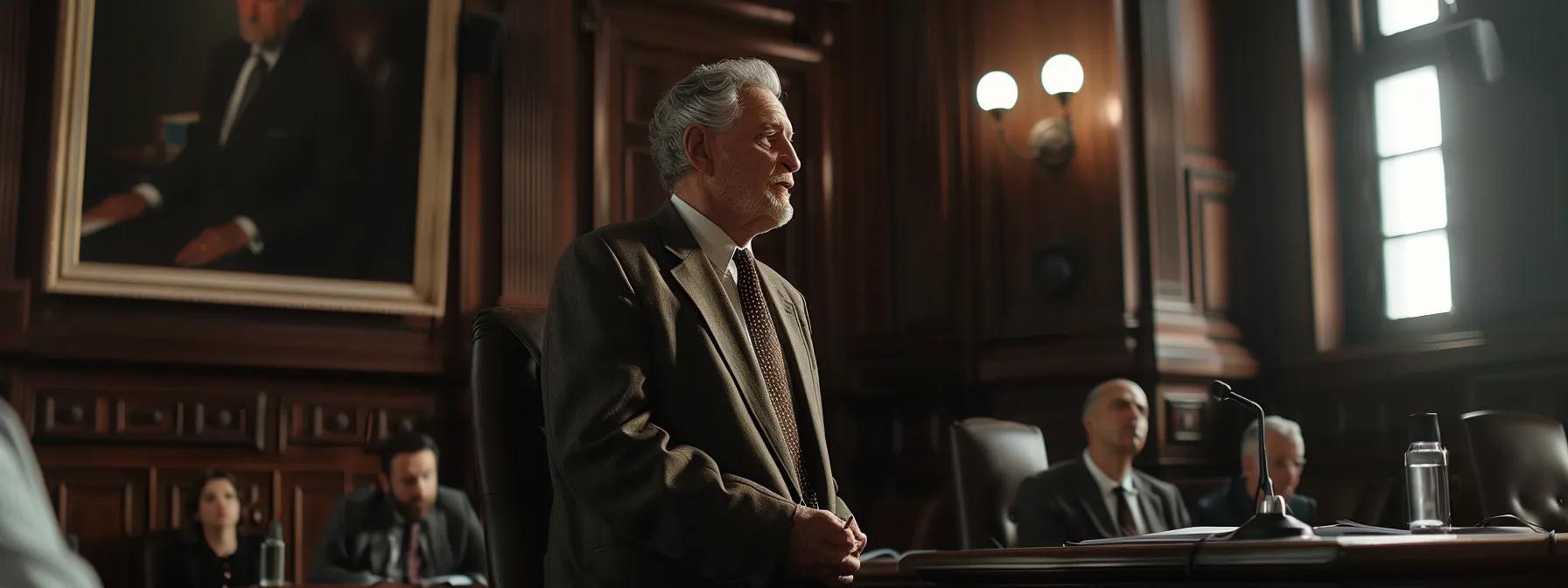 a focused courtroom scene captures a lawyer presenting structured divorce process steps to a judge, highlighting the tension and anticipation as they navigate the timeline of legal proceedings.
