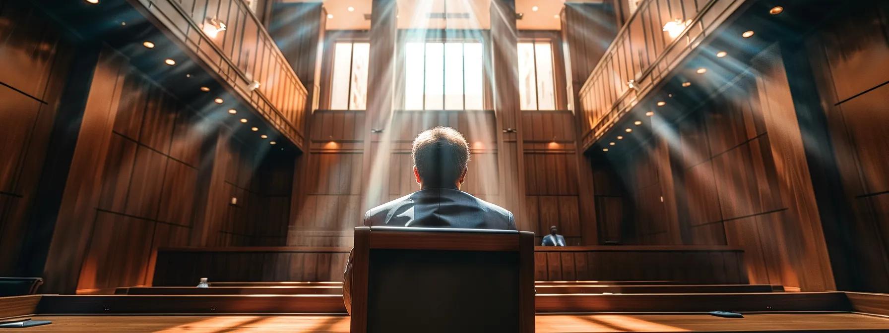 a poised divorce attorney confidently presents a complex property division case in a modern courtroom, illuminated by dramatic overhead lighting, while a judge attentively listens from the elevated bench, embodying the high-stakes nature of family law in virginia beach.