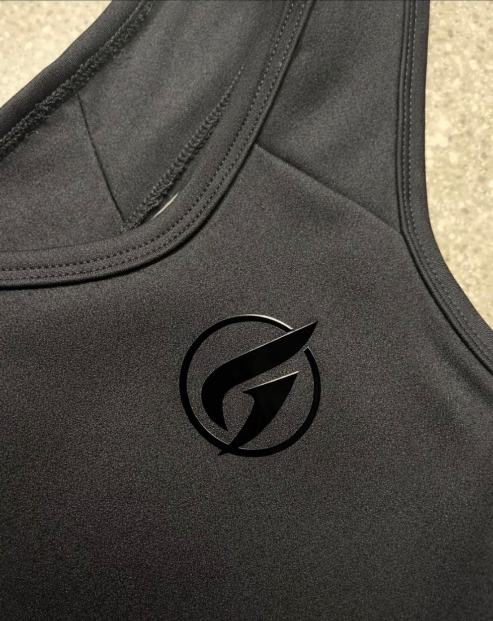 Black athletic tank top with a circular GelForce logo on the front.