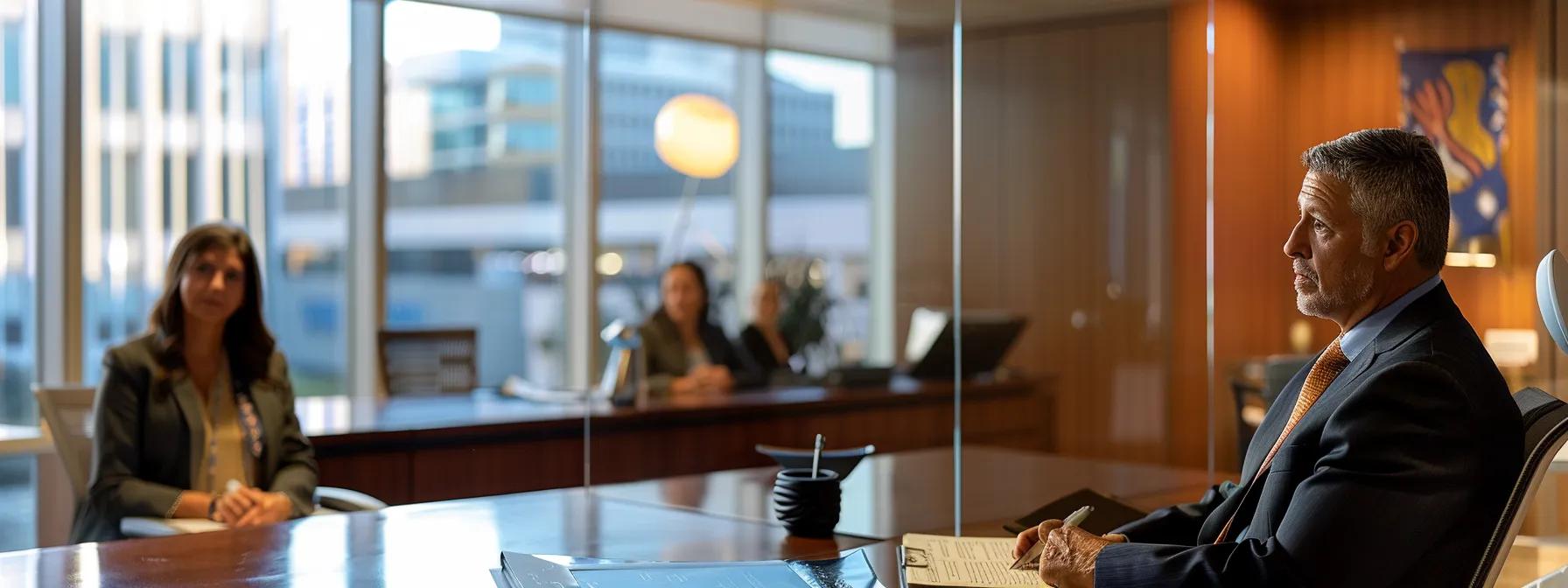 a poised divorce attorney presents a detailed retirement asset division strategy in a modern, elegantly appointed courtroom, with a focused judge attentively overseeing the mediation process.