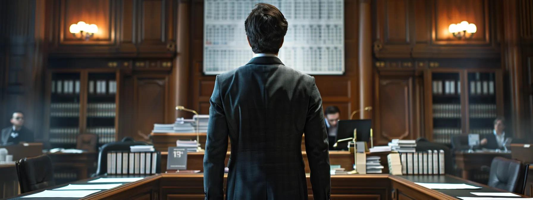 a focused attorney stands in a sleek courtroom, surrounded by organized stacks of legal documents and a digital calendar displaying critical deadlines, emphasizing the importance of meticulous preparation during divorce proceedings.
