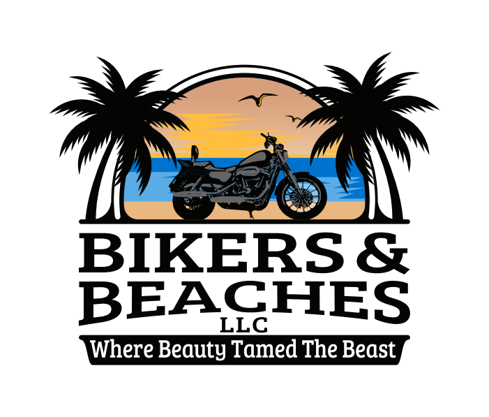 Logo of Bikers & Beaches LLC featuring a motorcycle and beach elements in a vibrant design