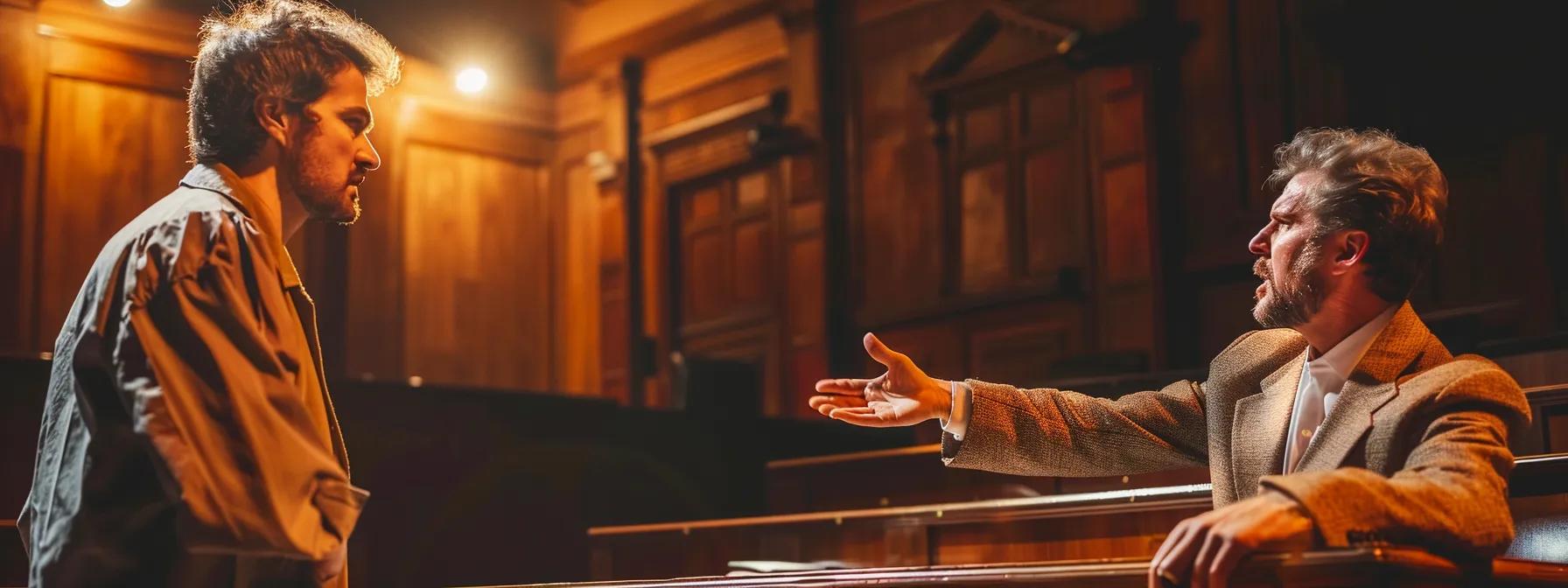 an intense courtroom scene captures a confident lawyer passionately arguing a dui case before a solemn judge, with dramatic lighting highlighting their determined expressions and the gravity of the situation.