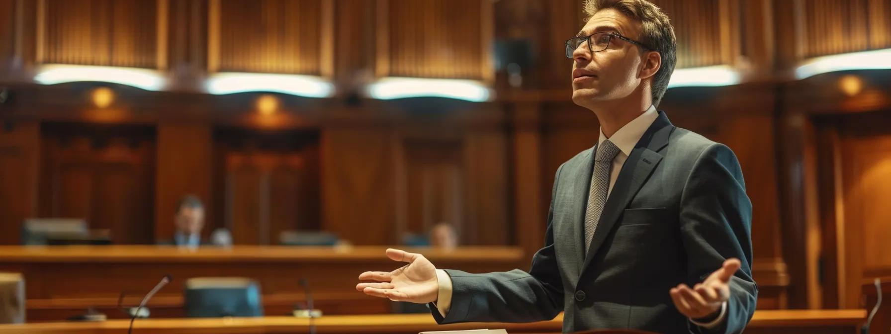 a confident lawyer stands at a polished wooden table in a sleek, modern courtroom, gesturing passionately while presenting a complex property dispute case to an attentive judge under dramatic, focused lighting.