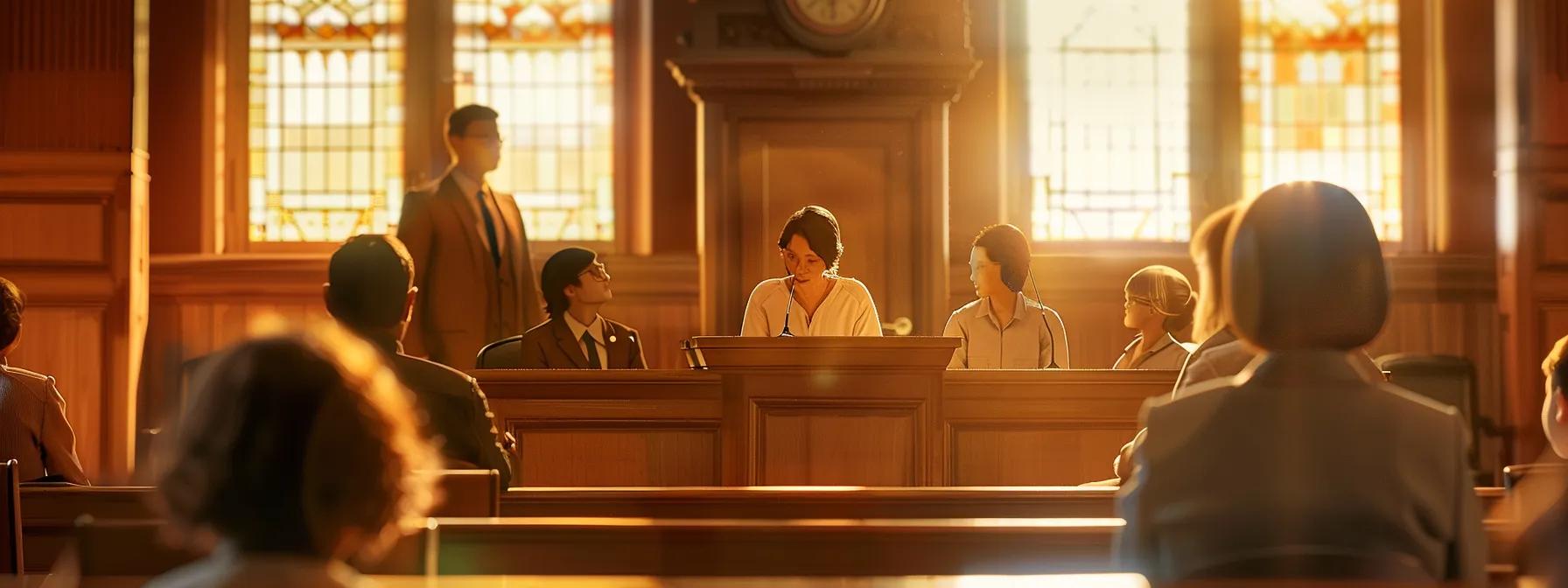 a warmly lit courtroom scene captures a judge presiding over an adoption hearing, with the hopeful expressions of adoptive parents reflecting their commitment to creating a nurturing and supportive environment for their new family.