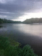 A tranquil river scene with gentle ripples, bordered by grassy banks and colorful wildflowers.