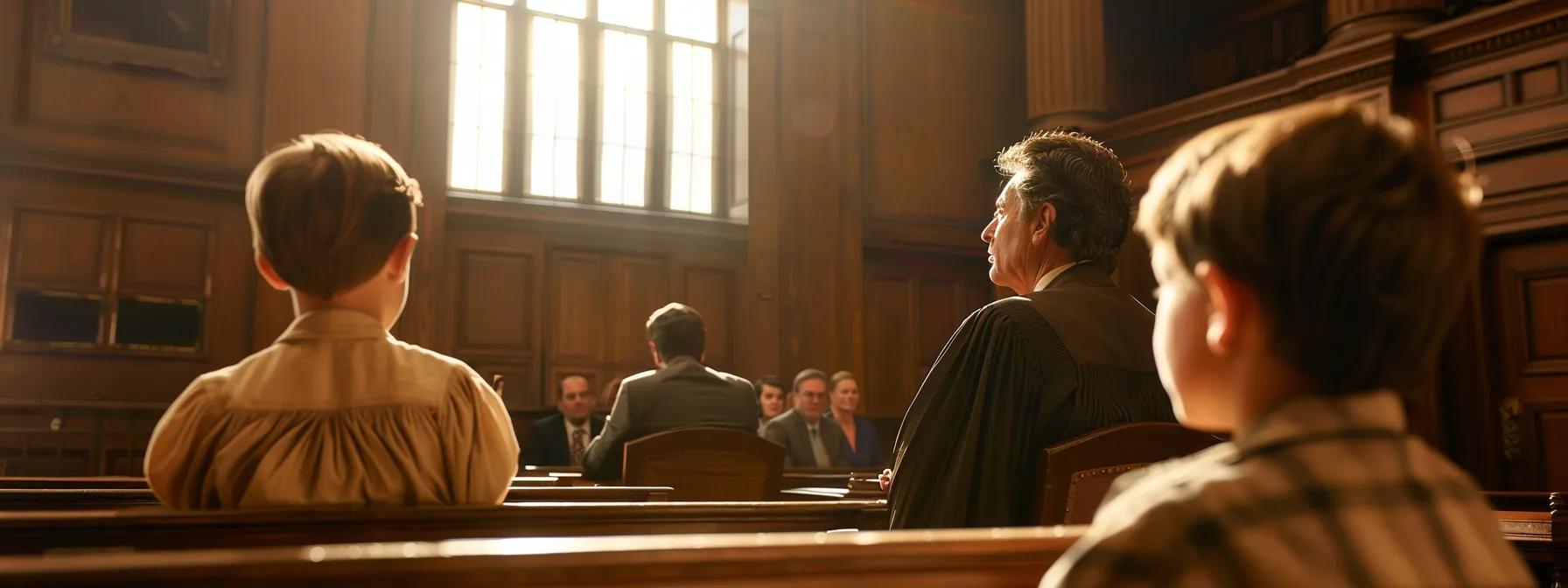 a focused courtroom scene captures a judge attentively listening to a lawyer presenting the nuanced developmental needs and preferences of a child, with a backdrop of legal texts and a solemn atmosphere that underscores the gravity of custody decisions.