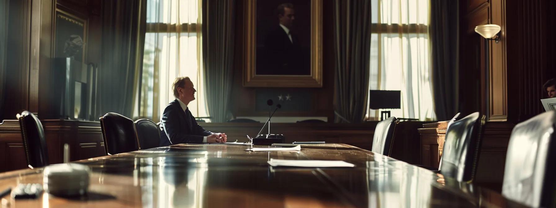a tense courtroom scene captures a focused divorce attorney presenting a case before a solemn judge, with both parties' legal documents prominently displayed on the polished wooden table, emphasizing the complexity of contested divorce proceedings.