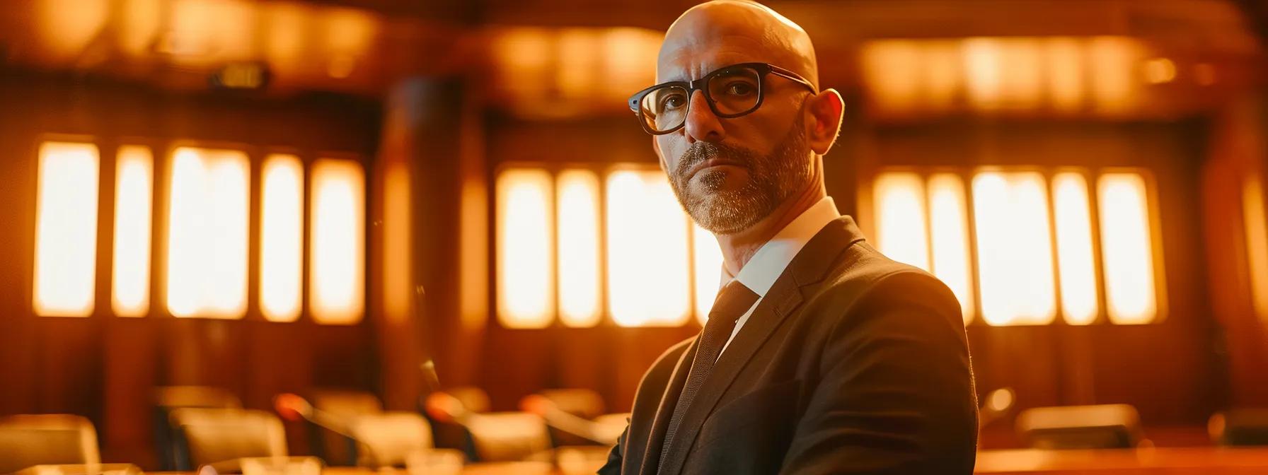 a focused los angeles custody lawyer stands confidently in a well-appointed courtroom, presenting modifications to custody orders before an attentive judge, illuminated by the dramatic overhead lighting that enhances the tension and seriousness of the legal proceedings.