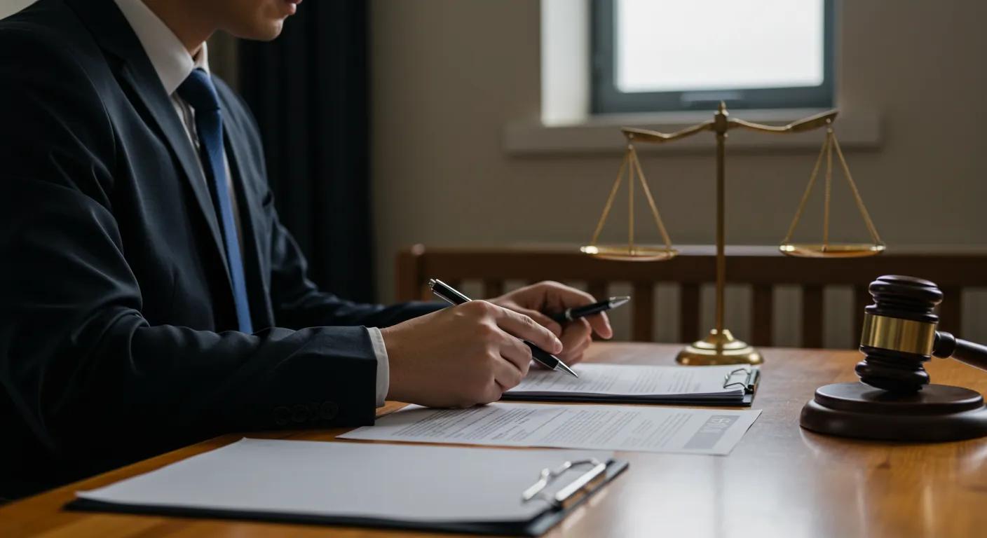 a focused courtroom scene captures a serious divorce lawyer presenting a detailed case to a judge under bright overhead lights, with documents neatly arranged on the table, symbolizing the complexities of asset division and child custody negotiations.