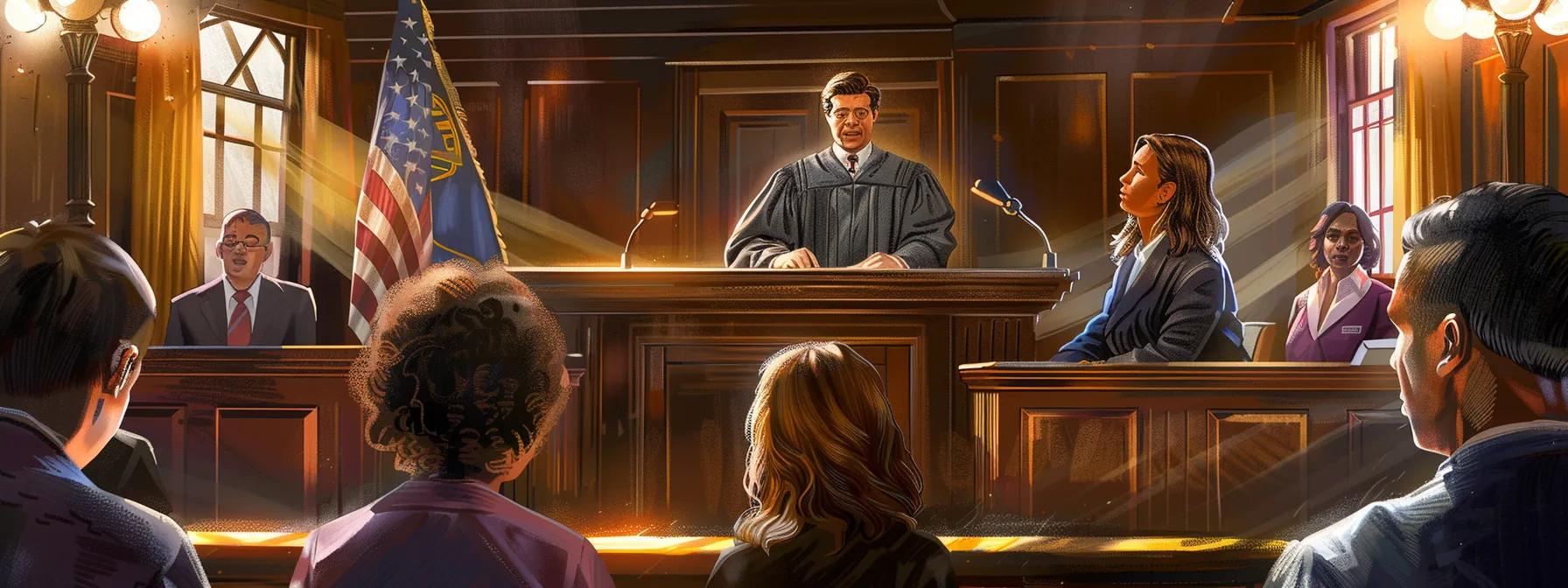 a solemn courtroom scene featuring a stern judge presiding over a case, with prospective adoptive parents attentively engaging in a discussion about legal adoption resources and their implications, illuminated by focused overhead lighting that highlights the gravity of the moment.