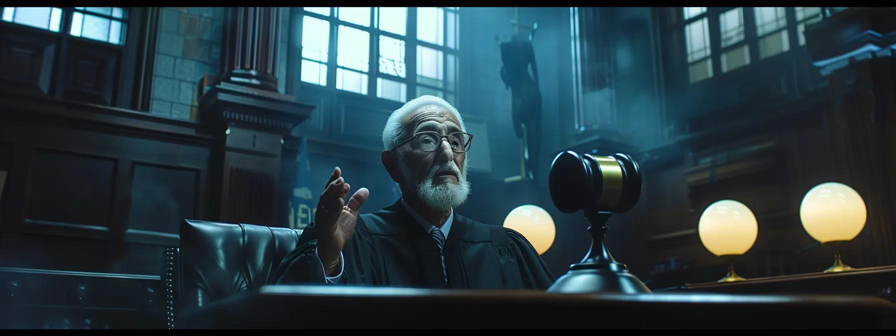 a tense courtroom scene vividly captures a judge in a robes, attentively listening to a lawyer passionately presenting arguments, symbolizing the crucial determination of the 