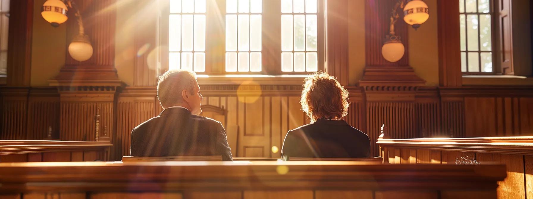 a serious courtroom setting features a confident lawyer engaging with a focused judge, as the atmosphere reflects the critical importance of transparency and open communication during divorce proceedings.