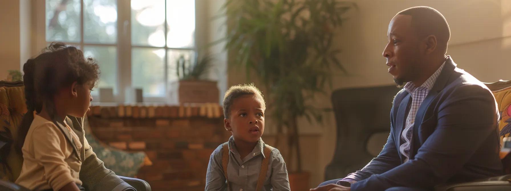 a solemn courtroom scene captures a judge presiding over a co-parenting case, showcasing two parents seated on opposite sides, engaged in a serious discussion, symbolizing the vital role of communication in fostering children's emotional stability after separation.