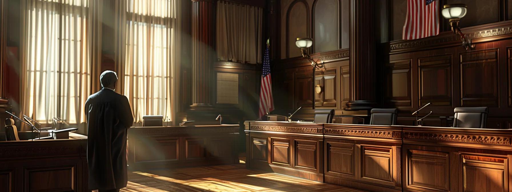 a focused, professional courtroom setting captures a poised lawyer confidently presenting adoption case details to a thoughtful judge, with documents laid out meticulously, emphasizing the importance of legal preparation and emotional support in the adoption process.