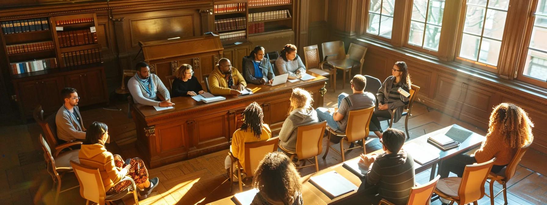 a vibrant courtroom scene featuring a diverse group of adoptive families engaged in a supportive discussion with a compassionate judge, surrounded by legal documents and a sense of community, highlighting the importance of connection and shared experiences in the adoption journey.