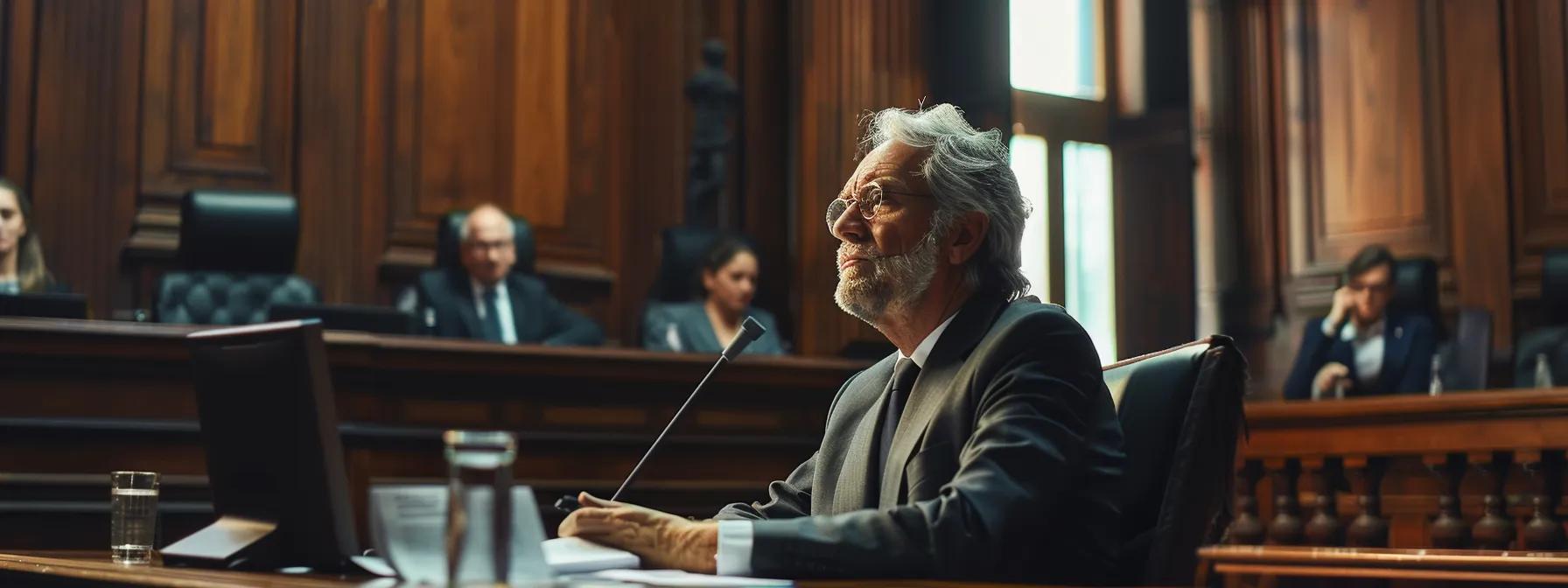 a serious courtroom setting depicts a lawyer presenting a compelling argument to a judge, highlighting the critical legal importance of obtaining consent from the other biological parent in safeguarding children's welfare.